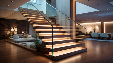 Obraz premium An elegant wooden staircase with glass sides, featuring soft LED lighting under the handrails, enhancing a contemporary living space.