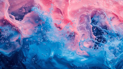 Vivid splashes of coral pink and celestial blue converging in a dynamic dance, creating an abstract masterpiece suspended in a sea of inky darkness.  - obrazy, fototapety, plakaty
