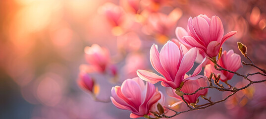 banner of blossom magnolia. concept of first spring flowers, pink colors