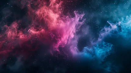 Fotobehang Vivid splashes of electric magenta and cosmic teal converging in fluid motion, forming a vivid and captivating abstract expression on a backdrop of rich cosmic black.  © Tanveer Shah