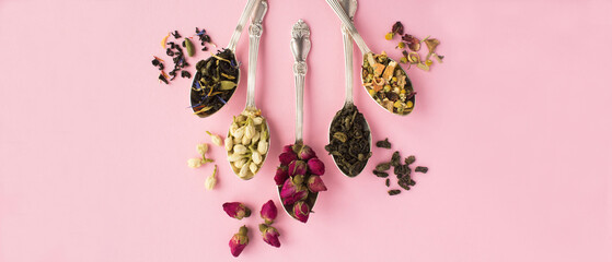 Different dried tea in the silver spoons on the pink background. Top view. Copy space.