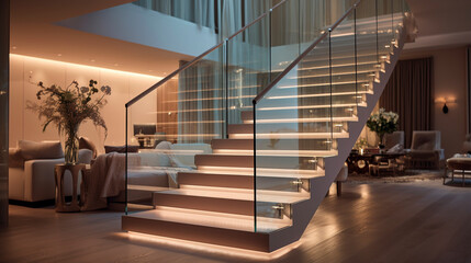 An inviting light ash staircase with sleek glass railings, discreet LED lighting under the handrails enhancing the elegance of a chic residence. - obrazy, fototapety, plakaty