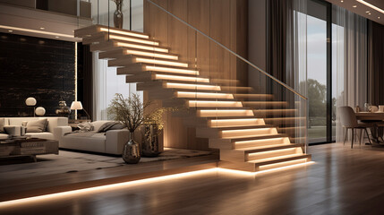 An inviting light ash staircase with sleek glass railings, discreet LED lighting under the handrails enhancing the elegance of a chic residence. - obrazy, fototapety, plakaty