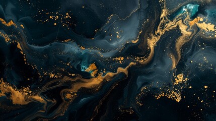 Vivid splashes of sunlit gold and oceanic turquoise blending seamlessly, crafting a vibrant and captivating abstract expression on a canvas of deep ink black. 