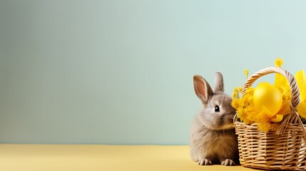 Easter composition with a wicker basket with spring flowers, a bunny and Easter eggs on  grey background, copy space