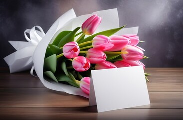 bouquet of pink  tulips in white  empty wrapping paper. Spring greetings on March 8 or Mother's Day, copy space