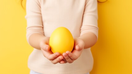 children's hands holding a yellow Easter egg on a yellow background, copy space