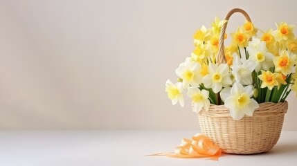 wicker basket with spring flowers on a beige background. Concept of spring and Easter holidays. Copy space