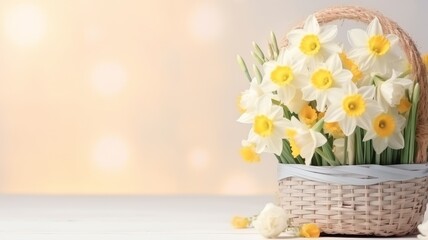 wicker basket with spring flowers on a beige background. Concept of spring and Easter holidays. Copy space