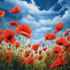Vibrant Red Poppies Blooming Under a Cloud-Flecked Blue Sky