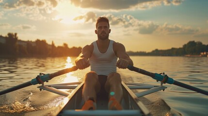The image captures a focused man with a beard, wearing a white tank top, as he rows a sculling boat...