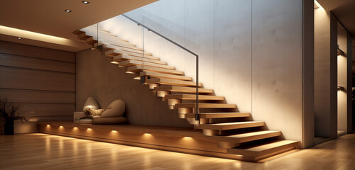 An L-shaped wooden staircase with minimalist metal railing, each step featuring a small, elegant light underneath.