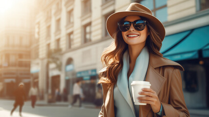 A stylish woman, wearing a chic hat, beige coat and sunglasses, holds a cup of coffee against the backdrop of the architectural beauty of a cityscape bathed in golden sunlight. Generated AI