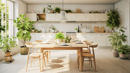 Beautiful Scandinavian style kitchen interior with white furniture, wooden countertops and indoor plants in front of a large window with morning light.