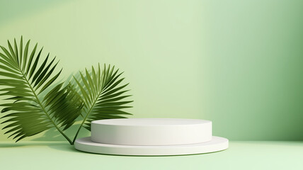 Empty white product display with palm leaves on a green background with shadow. Generated AI.