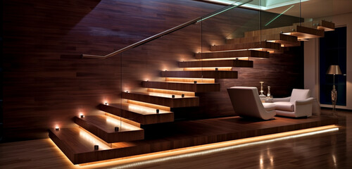 An ultra-modern staircase with cantilevered wooden steps, each featuring a futuristic underlight.