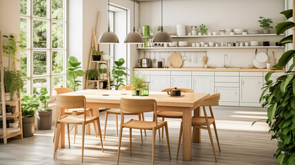 Beautiful Scandinavian style kitchen interior with white furniture, wooden countertops and indoor plants in front of a large window with morning light.