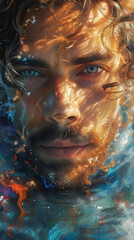 Intense close-up of a man's face partially submerged in water, with elements of fire and water swirling around