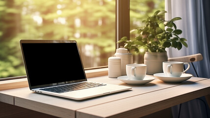 Work wooden desk with laptop, coffee cups and houseplant  in front of window with landcape and morning sunlight.