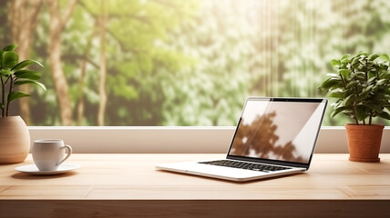 Work wooden desk with laptop, coffee cup and houseplant  in front of window with landcape and morning sunlight.