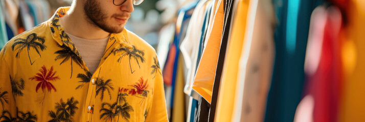 Man in Vibrant Yellow Palm Tree Print Shirt Shopping for Clothes