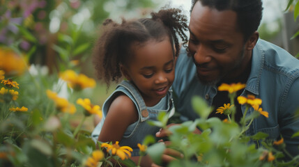 Happy black father and daughter gardening together. Planting flowers in the garden for Father's Day. African american dad and daughter bonding. AI generated - obrazy, fototapety, plakaty