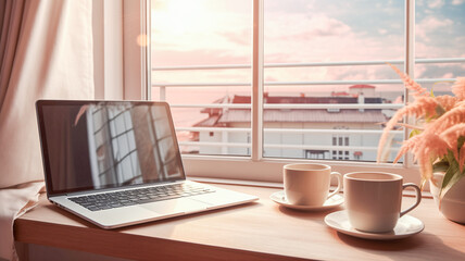 Work desk with laptop, coffee cups and vase in front of window with cityscape and morning sunlight.