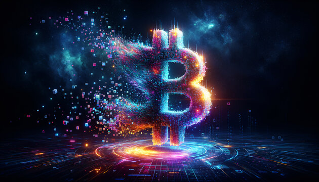 Digital Disintegration: Vibrant HODL sculpture breaking into floating pixels.