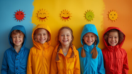 Children in fun outerwear smiling in front of yellow smiley face wall - obrazy, fototapety, plakaty