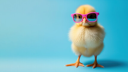 Funny and cute yellow baby chicken, chick posing in sunglasses on blue background with copy space for text.  - obrazy, fototapety, plakaty
