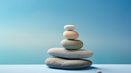 Fototapeta na wymiar Zen Stone Stack on a Serene Blue Gradient Background. Balance and Harmony Concept. Stones symbolising peace and calm energy.