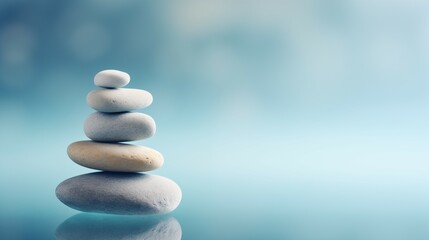 Fototapeta na wymiar Zen Stone Stack on a Serene Blue Gradient Background. Balance and Harmony Concept. Stones symbolising peace and calm energy.
