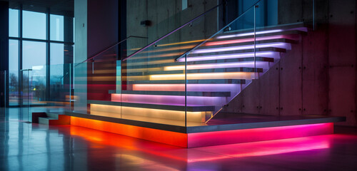 An urban concrete staircase with polished steps and dynamic under-step lighting in bold colors.