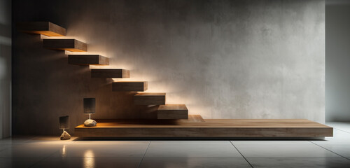 Cantilevered concrete steps with wooden tops, each featuring a discreet light underneath in a contemporary space. - obrazy, fototapety, plakaty