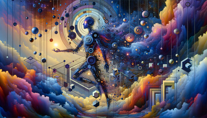 Surreal AI art: Glowing humanoid amidst geometric clouds and abstract elements