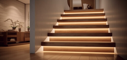 Contemporary oak stairs with recessed lighting under each tread, illuminating the staircase in a chic, modern home.