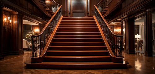 Mahogany stairs in a high-end residence, with elegant, hidden lighting under each step for a luxurious ambiance.