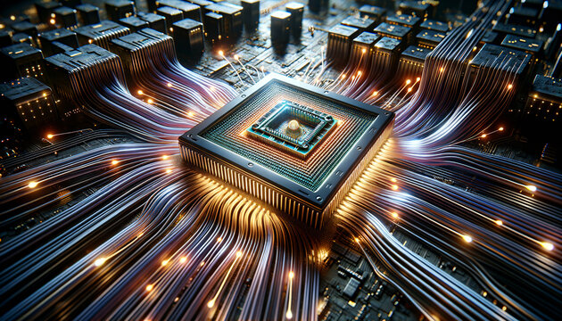 Dynamic Data Processing: Illuminated CPU Core with Vibrant Streams of Light