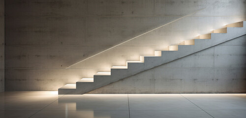 Minimalist concrete stairs with sleek LED strip lighting underneath, highlighting the stairs' sharp angles.