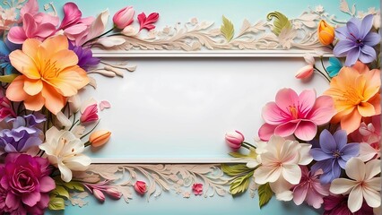 A vibrant and colorful frame of spring flowers, with delicate petals and intricate details, set against a soft and dreamy background.