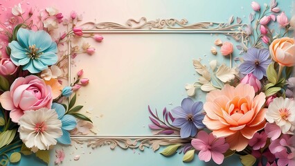A vibrant and colorful frame of spring flowers, with delicate petals and intricate details, set against a soft and dreamy background. - obrazy, fototapety, plakaty