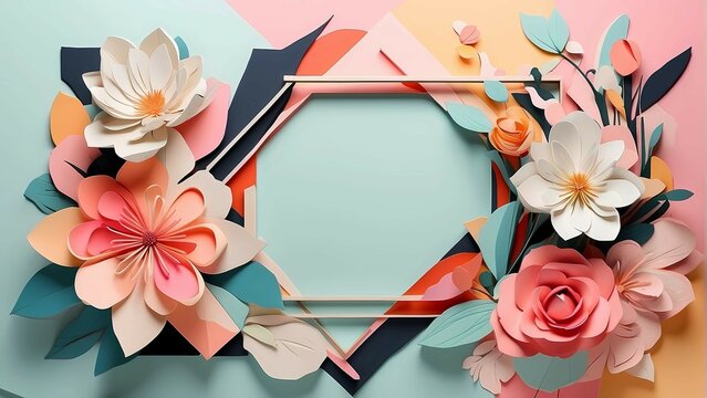 An abstract and modern interpretation of a spring flower frame, with bold and geometric shapes, rendered in a mix of pastel and bold colors.