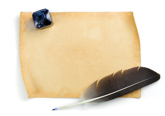 Vintage paper sheet with quill pen and ink bottle isolated on white background