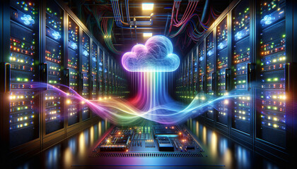 Vibrant data center with surreal psychic waves and dynamic lighting.