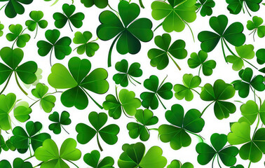 Lucky Irish four-leaf Clover leaves on white background. St. Patrick's Day banner with copy space.Holiday concept of spring.Generative AI
