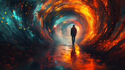 A person Journeying through the Tran dimensional Portal: Exploring Relativity, Time Dilation, Wormholes, and Teleportation in the Supermassive Cosmic Enigma - obrazy, fototapety, plakaty