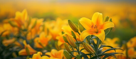 Vibrant Yellow Lilies Bloom Happily in a Serene Field of Yellow, Lilies, and Fields