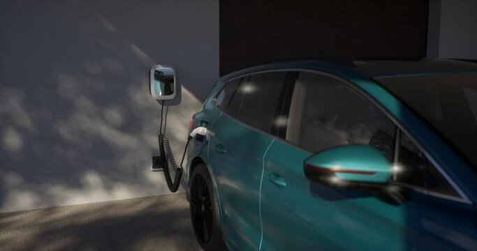 Home charging station provides an eco-friendly sustainable power supply for generic EV cars. Progressive concept for future green energy storage for electric vehicles. 3D animation