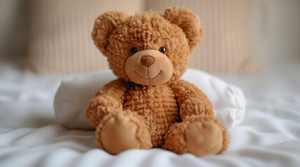 Teddy bear on white bed
