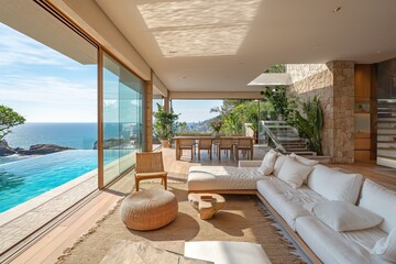 Superb, luxurious living room with lounge and dining table overlooking a magnificent pool and sea view. Superbe pi&egrave;ce de vie luxueuse avec salon donnant sur une magnifique piscine et vue mer.